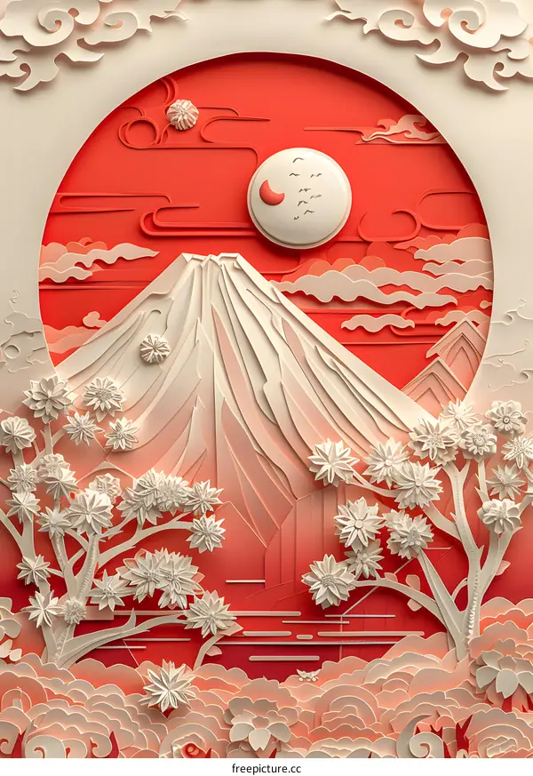 Mount Fuji in the red sky