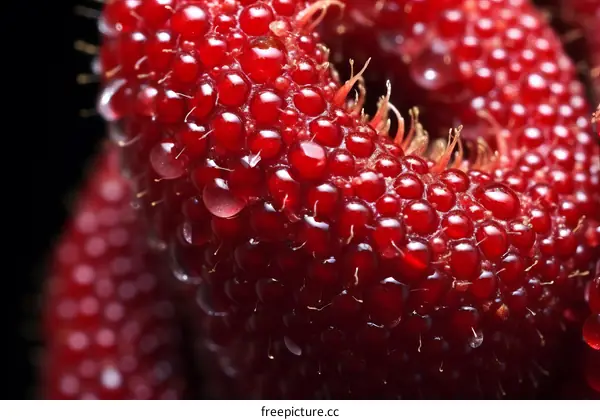 Macro Photography of Red Raspberries with Water Droplets