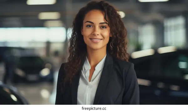 Portrait of a young businesswoman standing in a car dealership