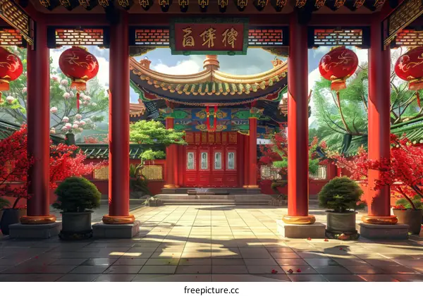 Chinese Temple Courtyard Illustration