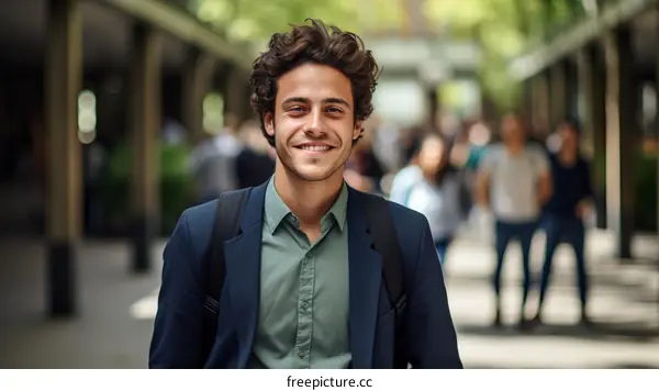 A young man with curly hair smiles at the camera.