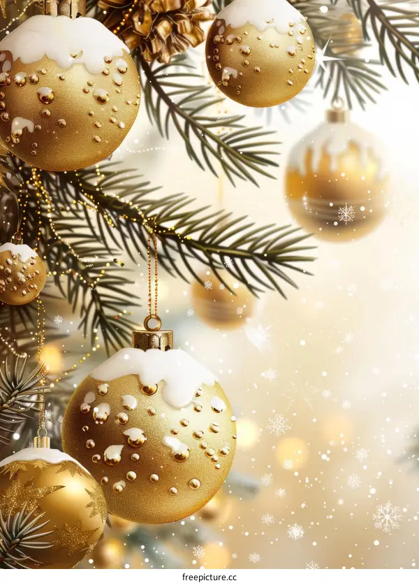 Merry Christmas, golden Christmas balls hanging on the Christmas tree