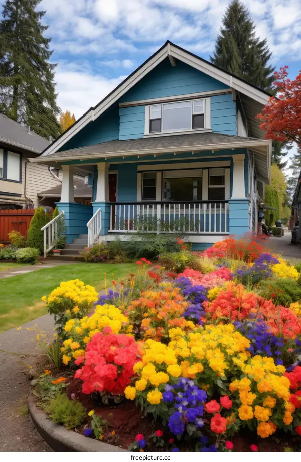 Colorful Flowers in Front of a Blue Bungalow
