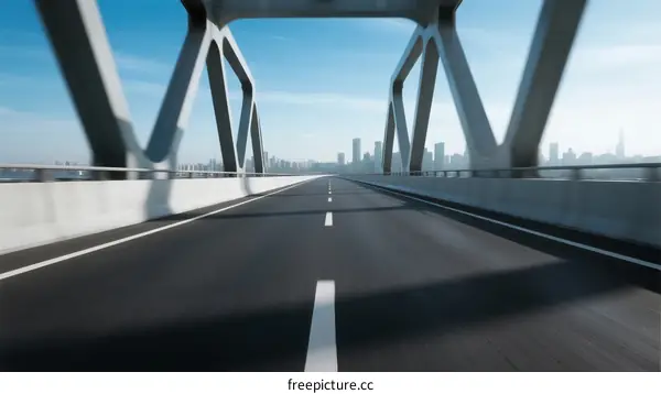 Modern bridge with clear road leading to city skyline
