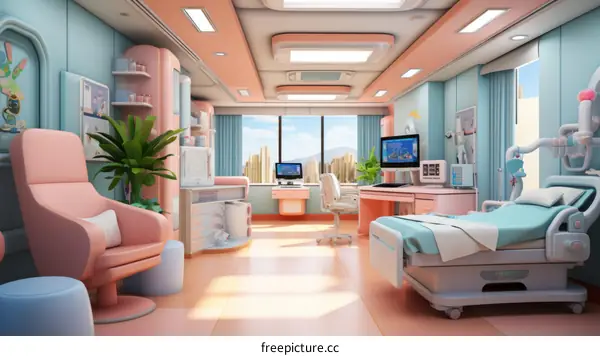 A modern hospital room with a bed, a chair, a desk, and a computer.