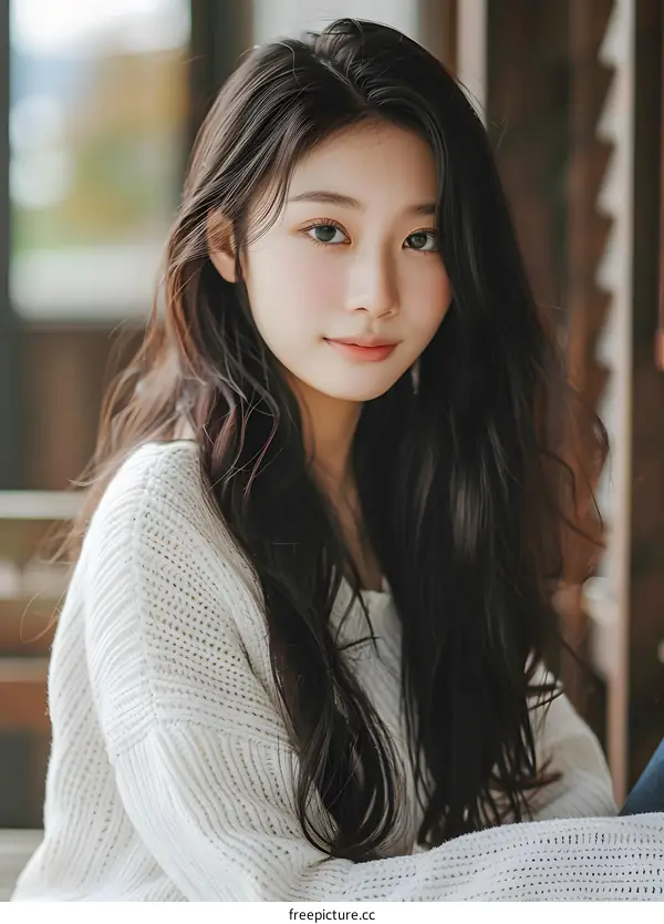 Beautiful Asian Woman with Long Black Hair Wearing White Sweater