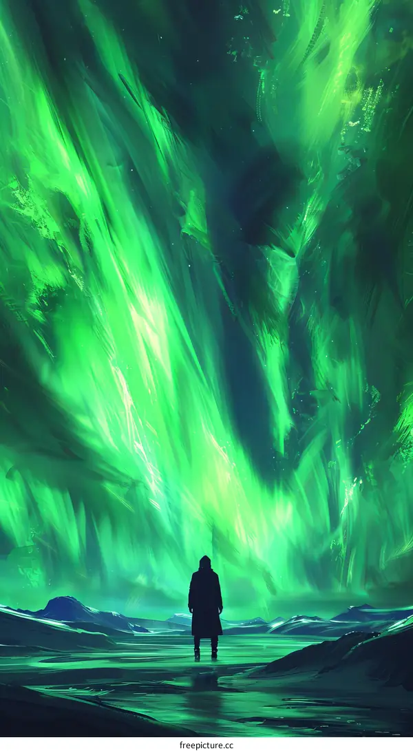 Man in a Field Gazing at the Aurora Borealis