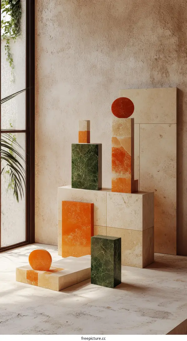 Abstract Geometric Shapes Display on Beige Tiles