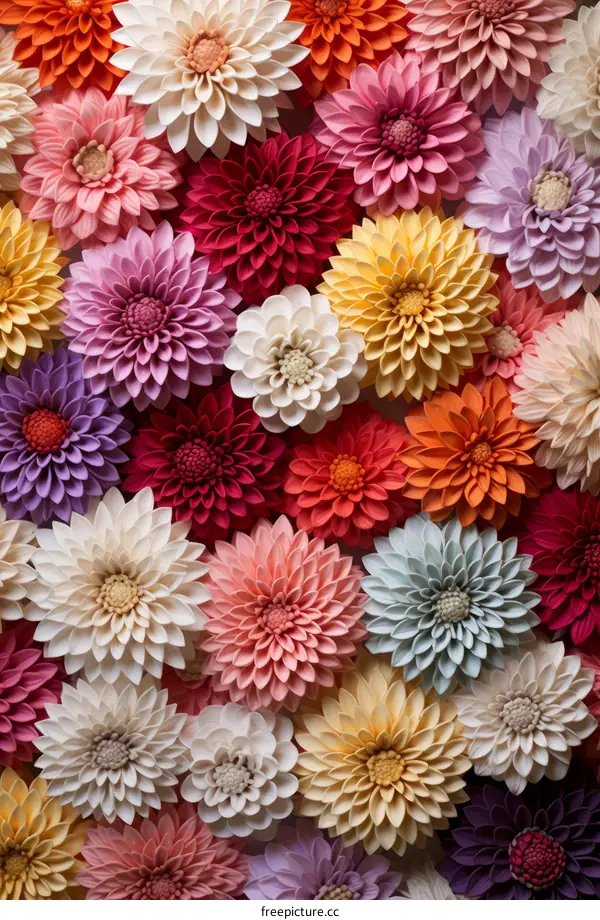 A variety of colorful dahlia flowers made of paper