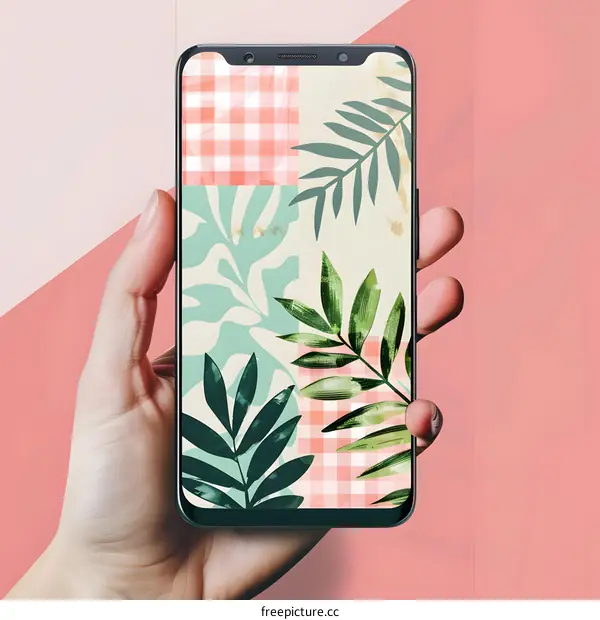 Hand Holding Smartphone With Tropical Leaves and Checkered Pattern