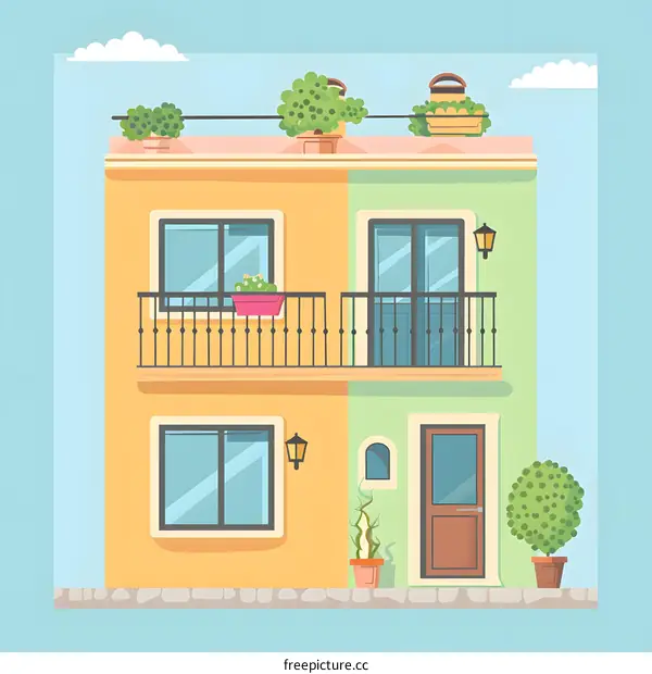 Cartoon Illustration of a Two-Story Building With Balcony and Potted Plants