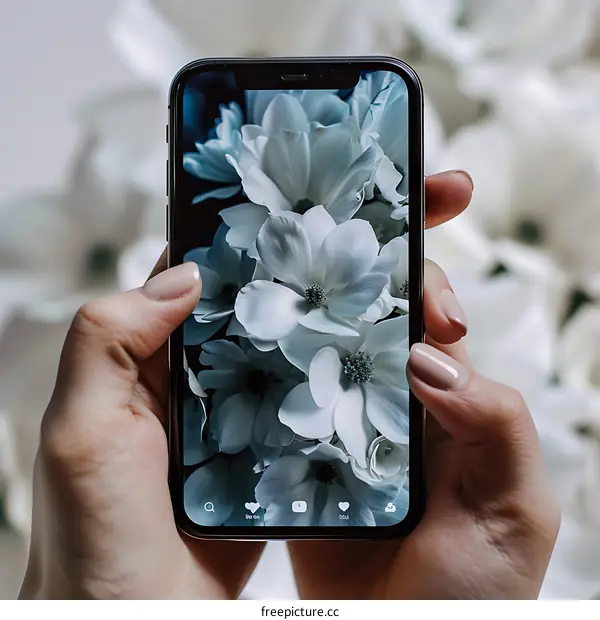 Woman Hands Holding Smartphone with White Flowers on Screen