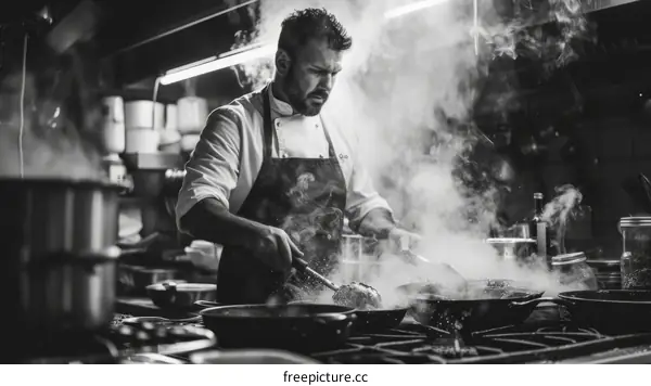 Black and white photo of a chef cooking in a professional kitchen