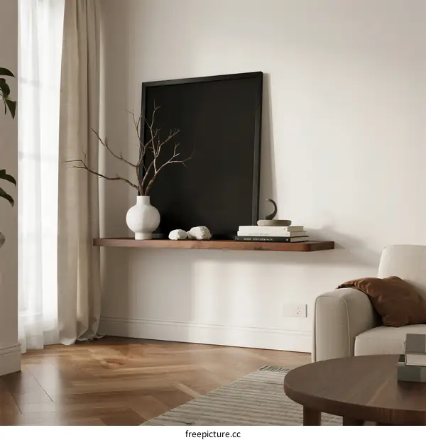 Minimalist living room with wooden shelf and black frame wall decor