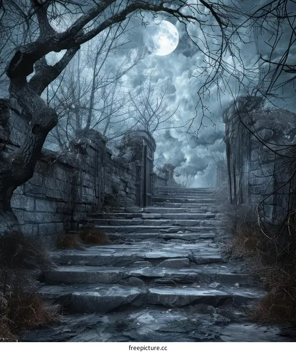 Mystical full moon night in the mountains. Dark mysterious forest landscape with stone stairs and an old wooden gate. 3D rendering illustration.