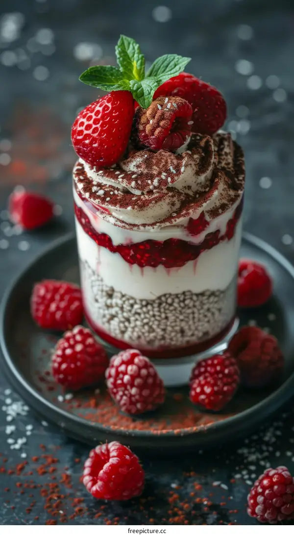 Chia seed pudding with raspberries and strawberries