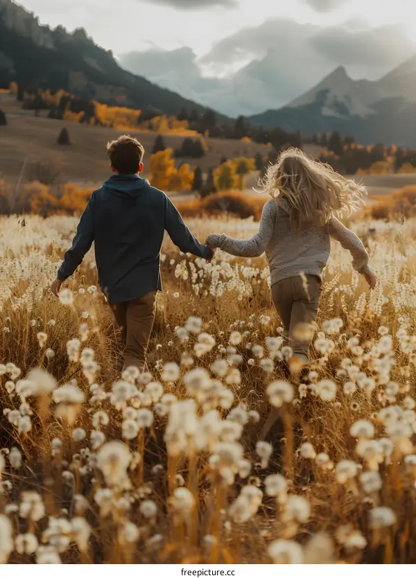 Couple Running Through Field Holding Hands