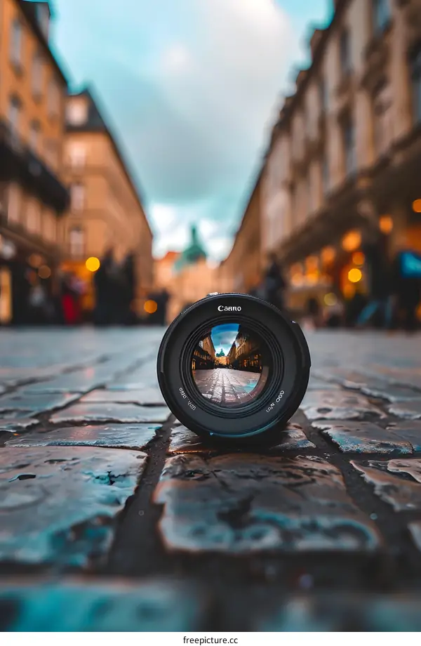 Camera Lens Reflecting City Street View