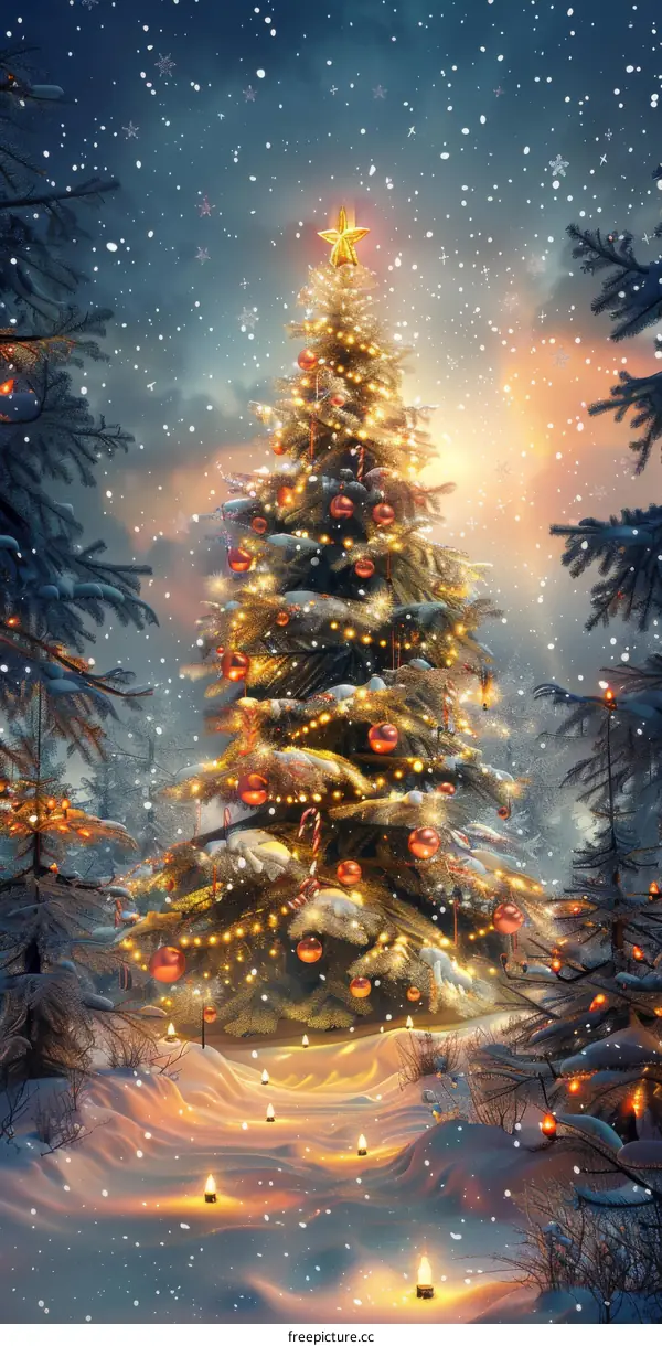 Christmas tree shining in the snow