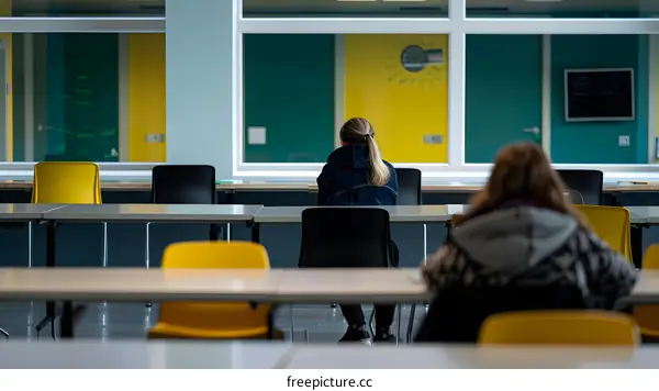 Empty Classroom with Two Students Sitting at Desks