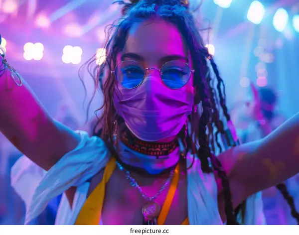 Young woman wearing a medical mask at a rave