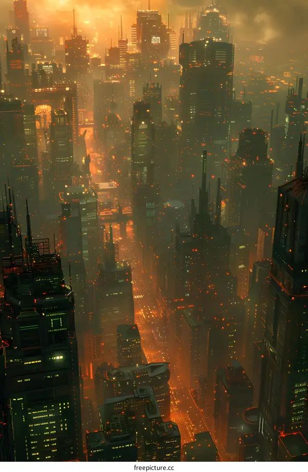 A futuristic city with skyscrapers and glowing lights