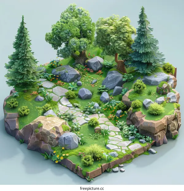 isometric forest scene with rocks and trees