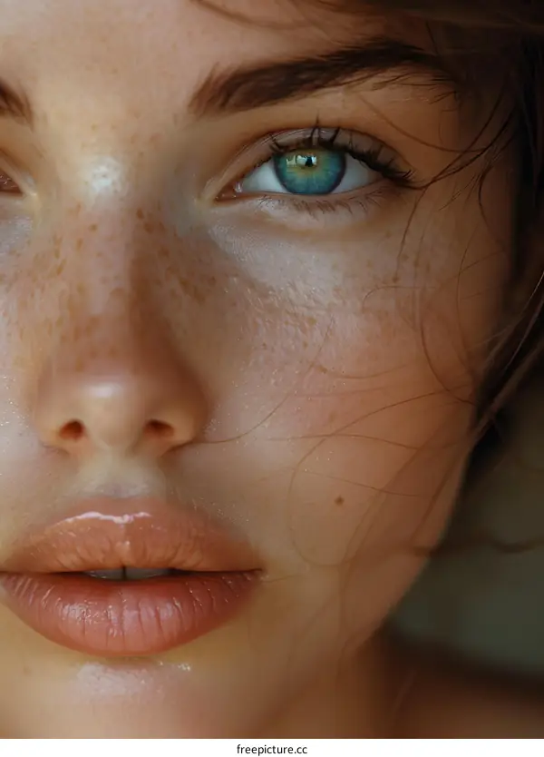 Close Up Of Woman Face With Freckles And Blue Eyes