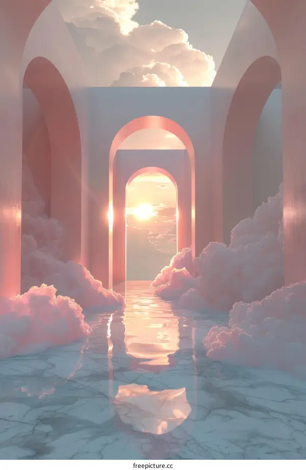 Surreal pink arched hallway with clouds and sunset