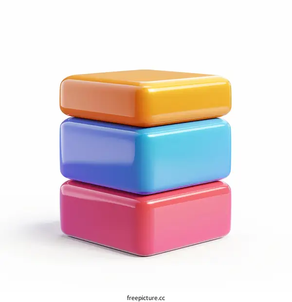 Three-dimensional square blocks stacked in descending order of orange, blue, and pink