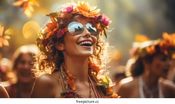Happy young woman with flower crown and sunglasses at a summer music festival
