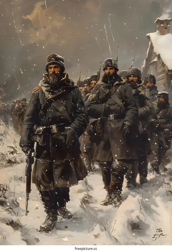 A group of soldiers in winter gear march through the snow during World War I