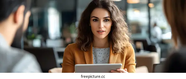Young Woman in a Business Meeting with Colleagues Using a Tablet