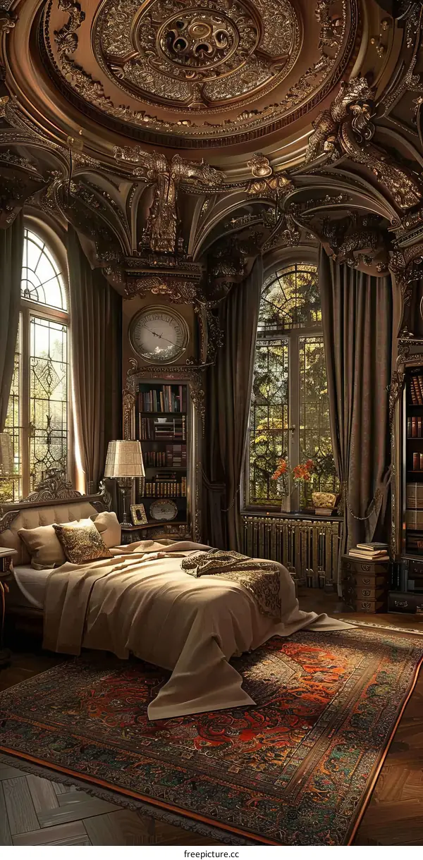 Ornate bedroom with a large bed and a sitting area