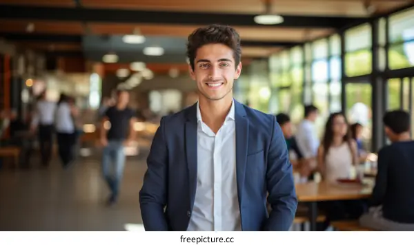 Portrait of a young man smiling in a modern office space