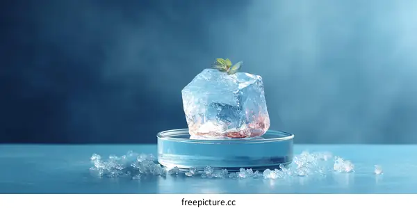 Crystalline Ice Cube on Petri Dish