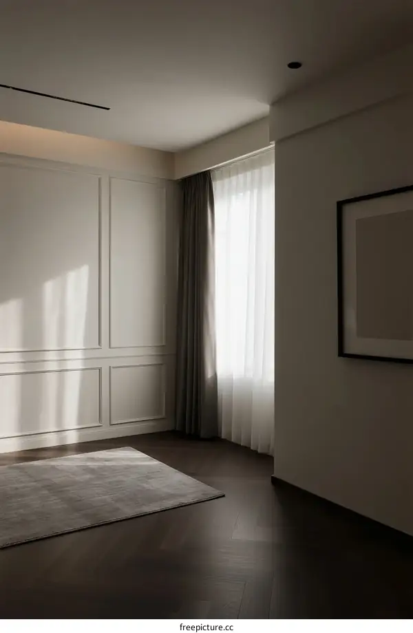 Minimalist white room with large window and soft light