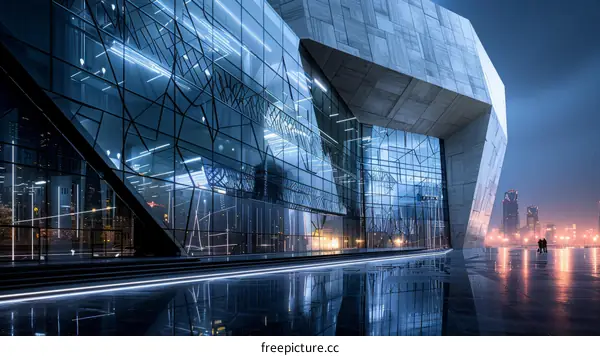 A modern glass and steel building with a reflective pool in front of it. There are two people walking in front of the building.