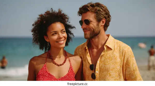 Couple enjoying a beautiful sunny beach day