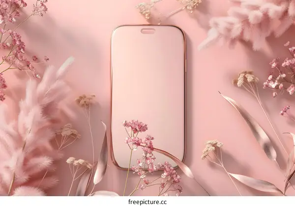 Rose Gold Phone Mockup with Flowers and Leaves