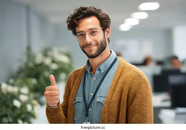 Smiling Caucasian Man Giving Thumbs Up in Office