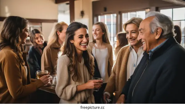 Group of diverse people chatting and laughing in a bar or restaurant