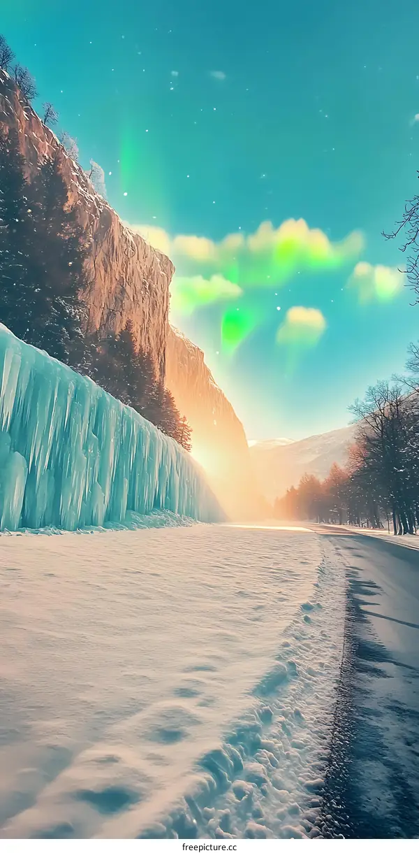 Aurora Borealis Over Snowy Mountain Range