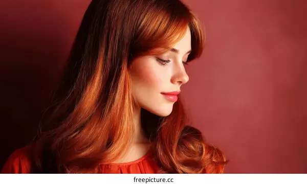 Portrait of a red-haired woman with long wavy hair against red background