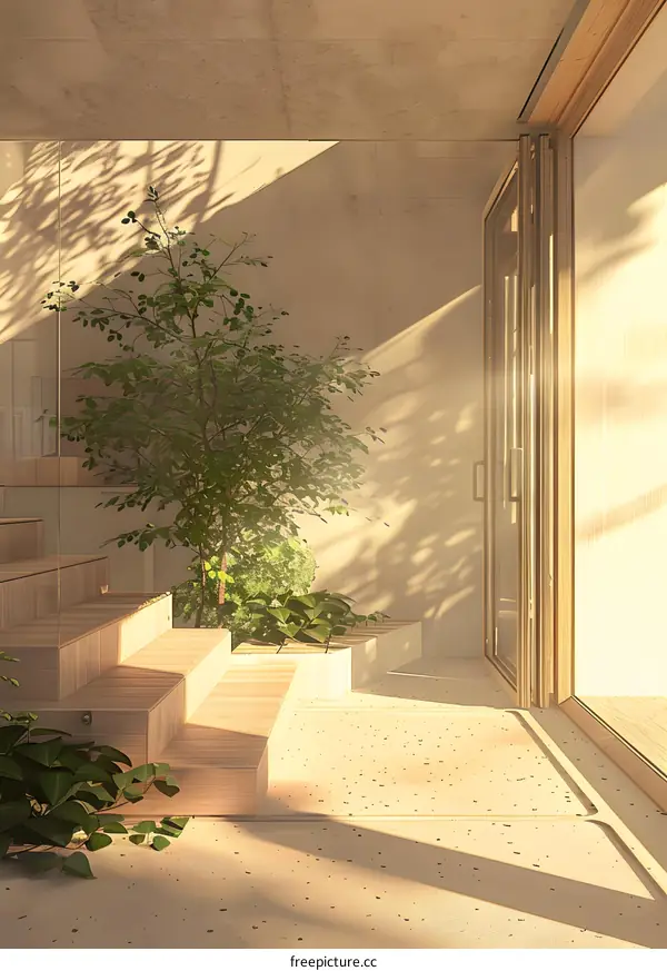Modern Minimalist Home Interior Design with Wooden Stairs and Sunbeams
