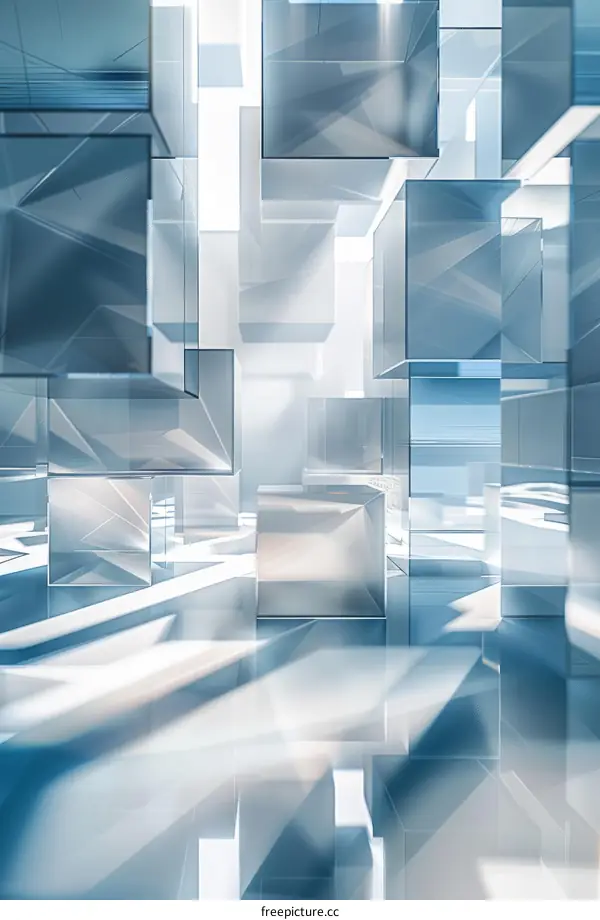 Blue and white geometric shapes form a three-dimensional space