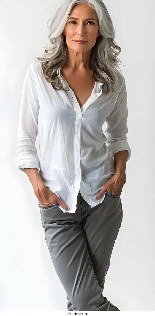Confident Mature Woman in White Shirt and Gray Pants
