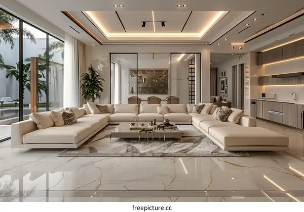 Modern Living Room With White Sectional Sofa and Wall of Windows