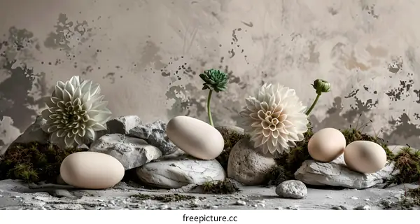Still Life with Eggs and Flowers on Rocks