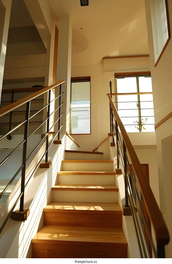 Modern Wooden Staircase with Sunlight